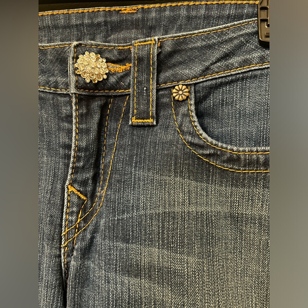 Vintage True Religion Becky Bootcut Women’s Jeans 31 Blue Custom Buttons Flap - Picture 5 of 9